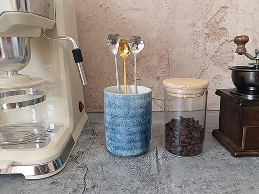 Stoneware Coffee Bar Utensil Holder Tea & Coffee Spoon & Stirrer Holder for Stir Stick Straw Teaspoon Holder Spoon Cup Small Utensil Jar (Sea blue)