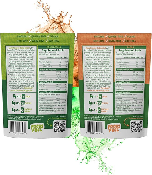 FocusFuel Energy Chews Variety Pack – Peach & Green Apple (2-Pack, 30 Servings Total) – 100mg Natural Caffeine + Nootropics – Crisp, Sweet Energy Combo