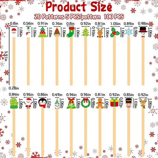 Mifoci 100 Pcs Christmas Wooded Coffee Stirrers Wood Cocktail Coffee Stir Sticks Disposable Stirring Sticks for Beverage Chocolate Hot Drink Party Supplies, 20 Styles (Vibrant Style)