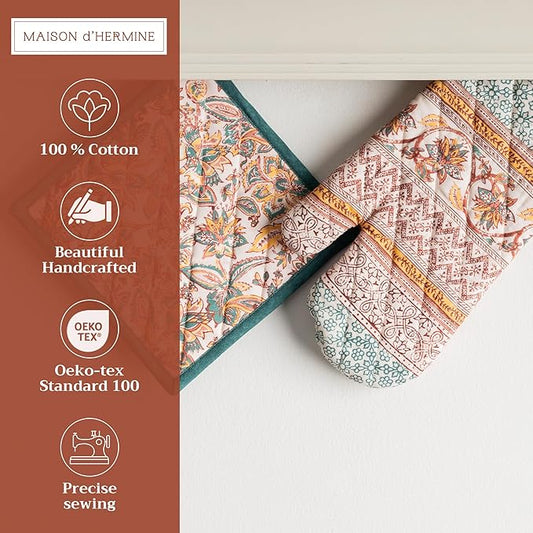 Maison d' Hermine 100% Cotton Oven Mitt & Pot Holder Set (7.5"x13" & 8"x8") Heat Resistant BBQ Cooking Gloves with Loop, Baking, Grilling, Kitchen, Handling Hot Pans (Nila)
