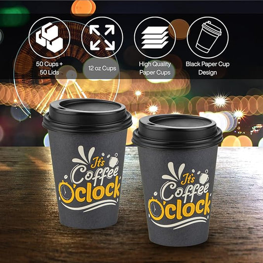 Smygoods Disposable Coffee Cups with Lids, To Go Paper Hot Cups, Coffee O'Clock Design (12 OZ, 50 Count) For Hot Beverages, Coffee, Tea, Espresso, Cocoa - Vasos Para Cafe