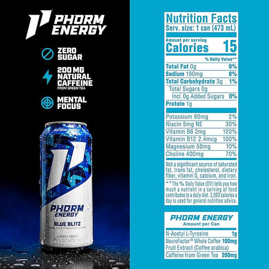 Phorm Energy Drink, Blue Blitz Flavor, 200 MG Natural Caffeine From Green Tea, Sugar Free Carbonated Drink With Electrolytes & Vitamin B12, Dairy & Gluten Free, Vegan, 16 FL Oz Cans, 12 Pack