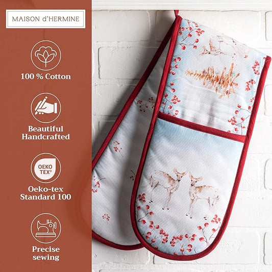 Maison d' Hermine Double Oven Mitt 100% Cotton Heat Resistant Cooking Gloves with Loop, Baking Barbeque, Handling Hot Pan, Fairytale Forest - Thanksgiving/Christmas (7 Inch x 35 Inch)