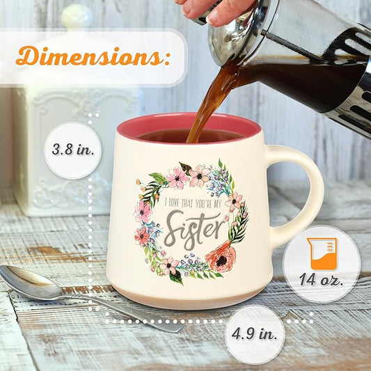 Christian Art Gifts Floral Pink Ceramic Coffee Mug – 14 oz. Microwave and Dishwasher-Safe Inspirational Scripture Coffee and Tea Mug for Women with Bible Verse: Love That You're My Sister –Eccles. 4:9