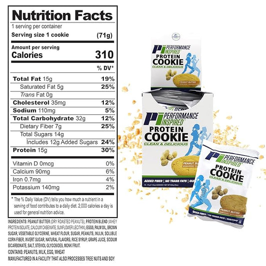Performance Inspired Nutrition Protein Cookie - Contains: BIG 15G Isolate Proteins - 7G Of Fiber - All Natural - Gluten Free - No Artificial Ingredients - Peanut Butter Flavor - 12 Count