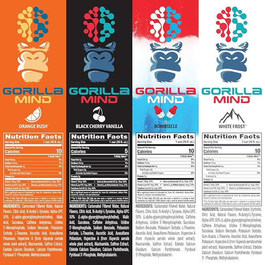 Gorilla Mind Energy Drink | Unmatched Energy · Amplified Focus | N-Acetyl-L-Tyrosine, Alpha-GPC, 200mg Caffeine, Uridine, Saffron | 0 Sugar Or Artificial Colors | 16oz | 12-Pack (Variety Pack #2)