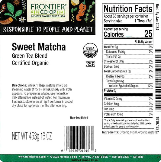 Frontier Bulk Sweet Matcha Green Tea Blend, Organic, 1 Pound