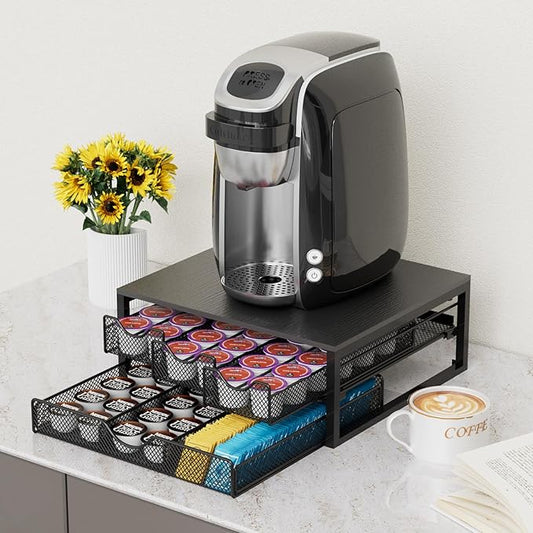 Coffee Pod Holder For Counter, 3 Pull-Out 72 K-Cup Holder Drawer, Wooden Cafe Pods Storage Organizer with Sliding Drawers for Coffee Station, Home, Kitchen, Office, Dorm, Black