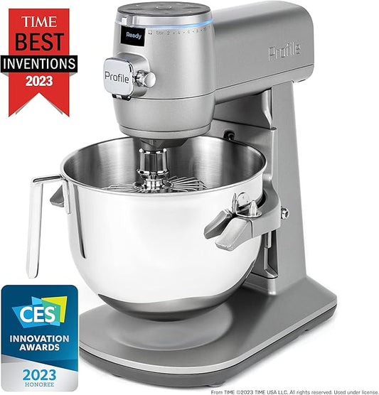 GE Profile Smart Stand Mixer w/Built-In Smart Scale & Auto Sense Technology, 7qt Stainless Steel Bowl, 11 Speed l Dough Hook, Beater, 11-wire whip l works w/Amazon Alexa & Google Home l Mineral Silver