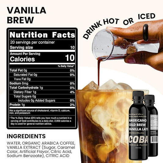 COBA Premium Coffee Concentrate: Bold & Extra Strong Kick - 20x Cups | Instant Cold Brew/ Hot Coffee in Seconds | Specialty, Fair Trade, Organic, Medium Roast, Dairy Free | 2 TEASPOONS/Cup | Rich Flavor (8 Fl Oz (Pack of 1), Vanilla)