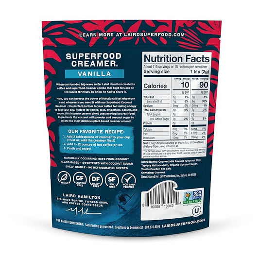 Laird Superfood Non-Dairy Original Superfood Vanilla Coconut Powder Coffee Creamer, Gluten Free, Non-GMO, Vegan, 8 oz. Bag, Pack of 1