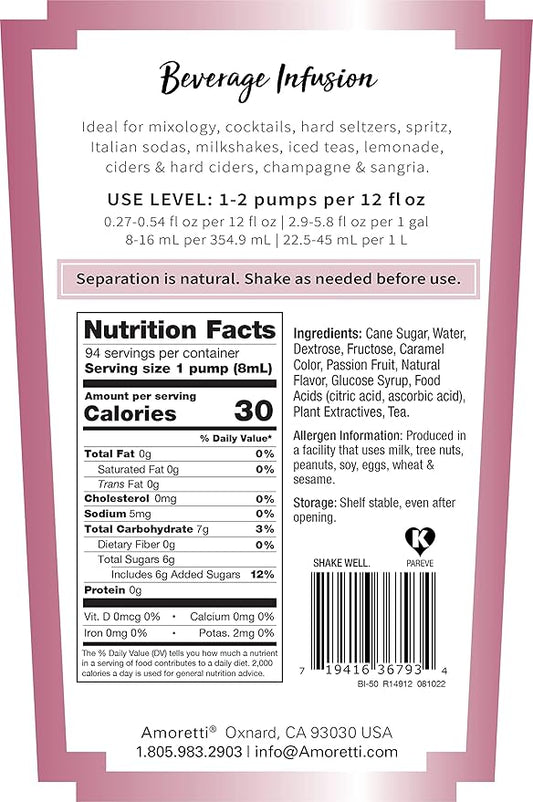 Amoretti - Passion Fruit Tea Beverage Infusion Drink Mix & Water Enhancer with Pump for Flavoring Cocktails, Waters, Tea, and other Beverages, 94 Servings Per Bottle (750 ml), Preservative Free
