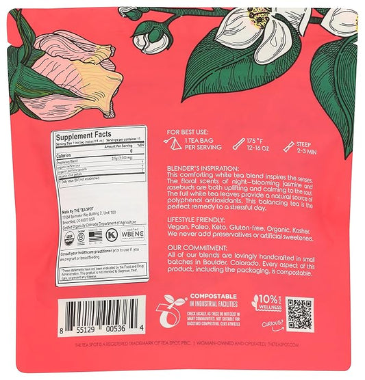 The Tea Spot Organic Meditative Mind Herbal Tea | Blend of White Tea, Jasmine and Rose | Calming & Welness Caffeine Free Elixir |15 tea bags for Gourmet Giftng