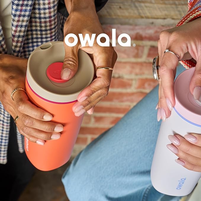 Owala SmoothSip Slider Insulated Stainless Steel Coffee Tumbler, Reusable Iced Coffee Cup, Hot Coffee Travel Mug, BPA Free 12 oz, Tan/White (Vanilla Bean)