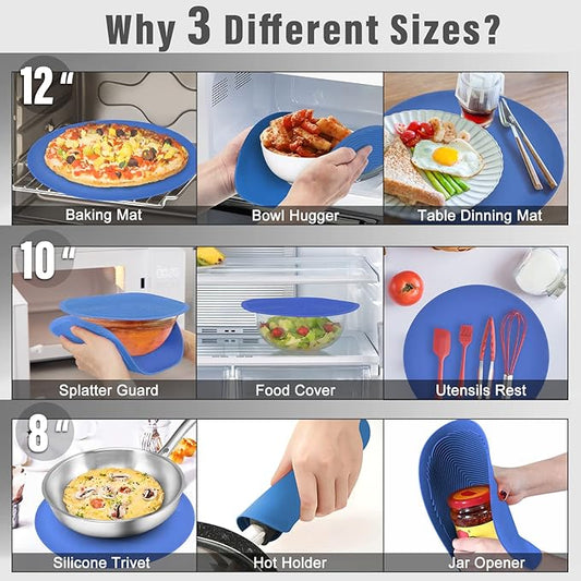 KooMall 12 10 8 Inch Multi-use Microwave Mat, Trivet, Pot Holders, Drying, Baking, Place Mat, Utensils Rest, Silicone Cover Pad for Hot Pot Pans Bowls Plates Dishes Kitchen Counter,Heat Resistant,Blue