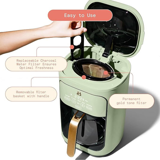 Beautiful Coffee Maker, 14-Cup, Touch Display, Programmable, 1200W, Stainless Steel, Keep Warm, 24h Timer dishwasher-safe (Sage Green)