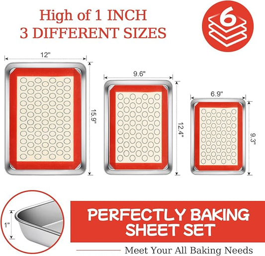 Baking Sheet with Silicone Baking Mat Set,CEKEE Stainless Steel Baking Sheet Pan Tray, Cookie Sheets for Baking, 6PCS Baking Supplies Bakeware Sets for Oven Making Cookies, Macaroons, Bread