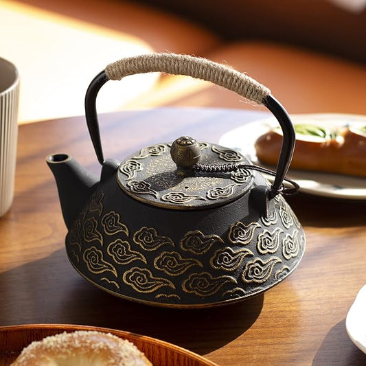 Cast Iron Teapot, Japanese Tea Pot with Infuser for Loose Leaf, Tea Kettle Stovetop Safe Coated with Enameled Interior, Clouds Pattern 27oz, 800ml Black