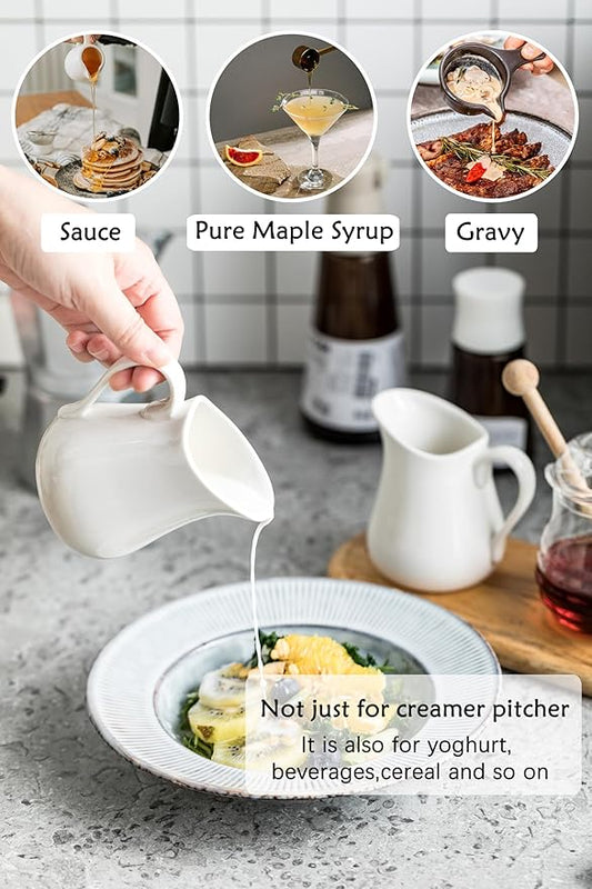 2 PCS Small Creamer Pitcher Set, 9 OZ Ceramics Creamer Pitcher with Handle for Farmhouse Kitchen Coffee Milk Sauces, White