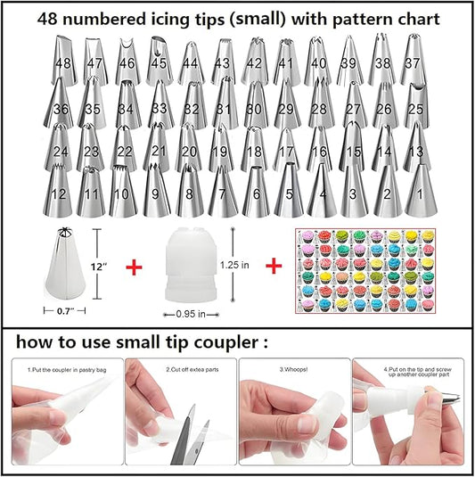 130 Pcs Piping Bags and Tips Set with 48 Numbered Icing Tips,7 Russian Tips,1 Ball Tip,2 Leaf Tips,Pattern Chart,8 Carved Pens,4 Couplers,6 Ties,50 Disposable Pastry Bags for Cake Decorating