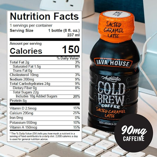 Java House Cold Brew Coffee Ready to Drink Bottles - Salted Caramel Latte - Pack of 12 8oz Bottles - 100% Arabica Coffee