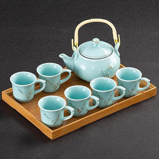 KEYDUACU Japanese Tea Set, Celadon Ceramic Tea Set, Plum Blossom Embossed, Includes 1 Teapot, 6 Anti-scald Teacups,Tea Tray,Strainer, Home, Outdoor, Gift, Chinese Kung Fu Tea Set(FDMH-FT-CYAN)