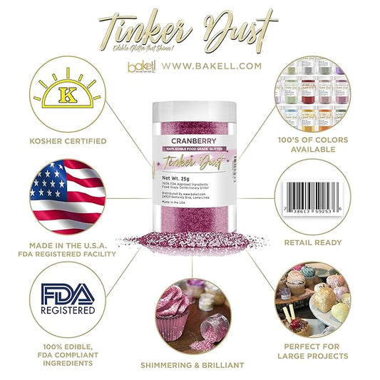 BAKELL Cranberry Edible Glitter, 25 Grams | TINKER DUST Edible Glitter | KOSHER Certified | 100% Edible Glitter | Cakes, Cupcakes, Cake Pops, Drinks, Dessert Vegan Glitter & Dusts (25g, Cranberry)