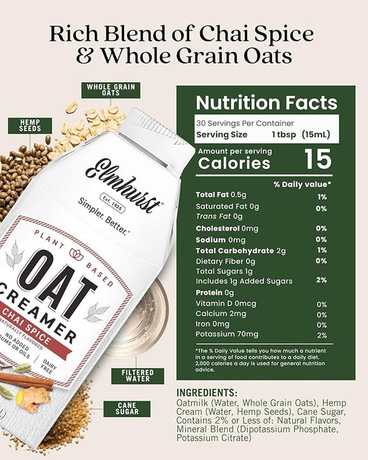 Elmhurst 1925 Chai Spice Oat Creamer - 16 Ounce (Pack of 6) Dairy-Free, Vegan, Kosher, Low Sugar, Shelf Stable Creamer Made with Oat Grains & Chai Spice for Healthier, Simpler Plant Based Alternatives