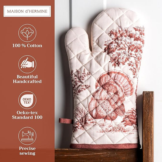 Maison d' Hermine Oven Gloves 100% Cotton Oven Mitt 7" x 13" with Loop Heat Resistant, BBQ, Cooking Gloves, Baking, Grilling, Kitchen, Handling Hot Pans (Pack of 1, Holy Jouy - Brown)