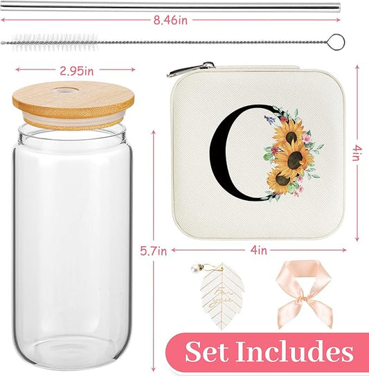 AYGXU Initial Glass Cups with Lids & Straws, Jewelry Case & Organizer, Coffee Cups, Women's Travel Essentials, Initial O White