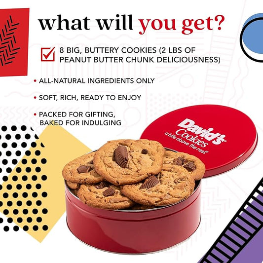 David's Cookies Peanut Butter Chunk Fresh-Baked Decadent Cookie Gift Basket Tin — Luscious Large Peanut Butter Cookies With No Added Preservatives — All-Natural Cookies — Ideal Gift for Corporate Birthday Fathers Mothers Day Get Well and Other Special ...