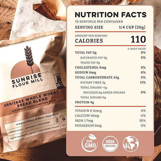 Sunrise Flour Mill Heritage Whole Wheat Bread Blend - 5 lb | USDA Organic All Purpose Flour Unbleached - Non-GMO, Kosher, Grown Without Glyphosate, Ancient Grains, Bread Flour Organic.