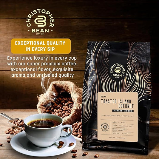Christopher Bean Coffee - Certified Kosher - Decaf Ground Universal Drip Toasted Island Coconut Flavored Coffee| Flavored Coffee with Medium Roast 100% Arabica, No Sugar, No Fats, Non-GMO | 10-Ounce