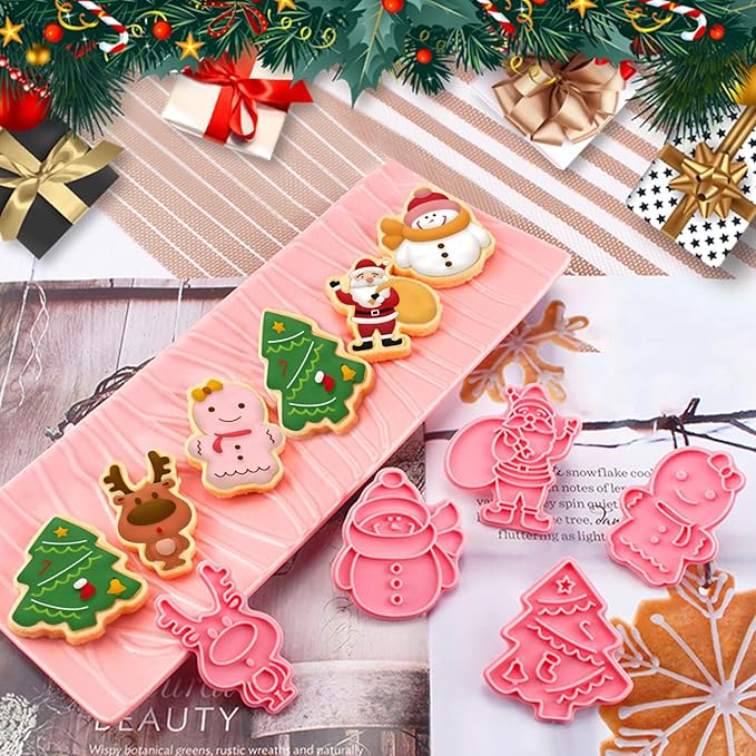 Leesgel Christmas Cookie Cutters, 3D Christmas Holiday Cookie Cutters Shapes with Santa/Xmas Tree/House/Deer, Christmas Party Decorations Ornaments