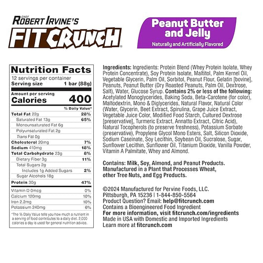 FITCRUNCH Full Size Protein Bars, 6-Layer Baked Bar, 2g of Sugar, Gluten Free & Soft Cake Core (12 Bars, Peanut Butter and Jelly)