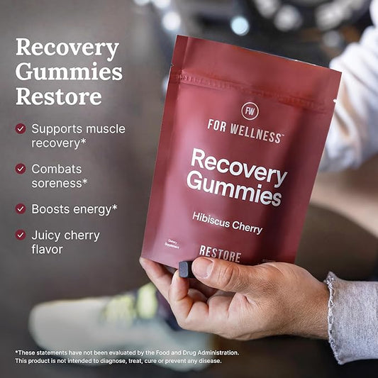 Recovery Gummies Restore - Tart Cherry Gummies for Muscle Recovery - Hibiscus Cherry Flavor with Antioxidants & Electrolytes Combats Soreness, Boosts Energy - Vegan, Non-GMO, Gluten-Free - 90ct