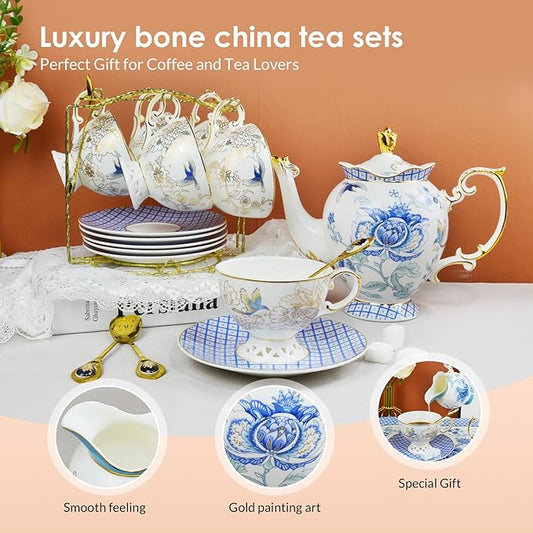 ACMLIFE Tea Set for Adults- Fine China Tea Set for 6, 21-Piece Vintage Coffee Set English Porcelain Tea Pot Sets for Adult Tea Party for Women Gift (blue, Extra Large set 21)