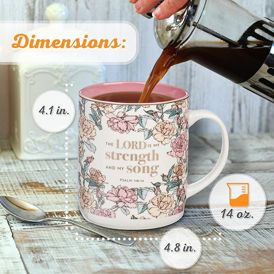 Christian Art Gifts Pink Floral Ceramic Coffee Mug – 14 oz. Lead and Cadmium-free Non-toxic Inspirational Scripture Coffee and Tea Mug for Women with Bible Verse: My Strength and My Song –Psalm 118:14