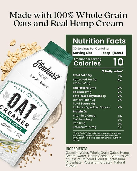 Elmhurst 1925 Unsweetened Oat Creamer - 16 Ounce (Pack of 6) Dairy-Free, Vegan, Kosher, No Sugar, Shelf Stable Creamer Made with Whole Grain Oats for Healthier, Simpler Plant Based Alternatives