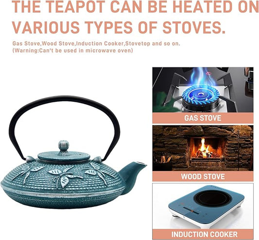 Cast Iron Teapot,SECHUDO Tea Kettle Coated with Enameled Interior for Loose Tea,Cast Iron Teapot with Stainless Steel Infuser for Stovetop Safe (27.1oz Flat Butterfly Pattern)
