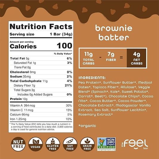 Feel Bar Minis – Kids Protein Bars | Brownie Batter – 12 Pack | 10g Plant Protein | 100 Calories | No Added Sugar | + Daily Veggies | Gluten Free, No Nuts, No Soy, No Dairy, No Grains