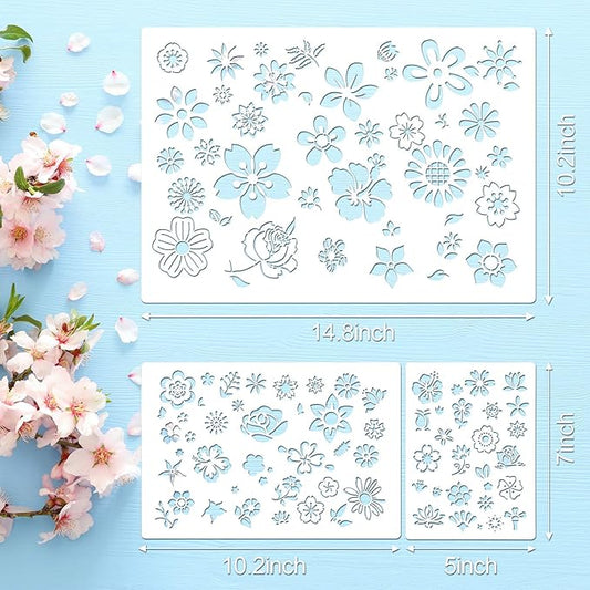 Zonon 3 Pieces Stencil Template Painting Stencil Spring Summer Template Reusable Drawing Set for Daily DIY Art Notebook Wedding Card Scrapbook Home Decor 3 Sizes(Flower Style)