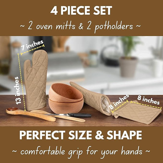 Native Fab Pot Holders and Oven Mitts Sets for Kitchen Heat Resistant- Hanging Non-Slip - 100% Cotton Oven Mitts and Pot Holders 4-Piece Set- Beige