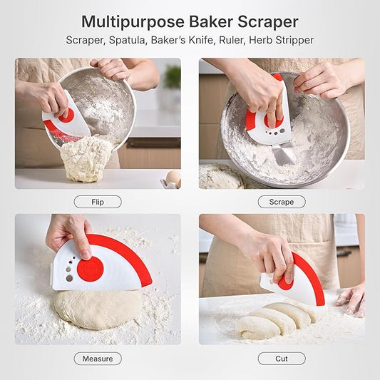Nextrend BakerScraper – 5-in-1 Flexible Bowl Scraper, Bench Scraper and Dough Scraper with Stainless Steel Edge, Ruler & Herb Stripper – BPA Free, Dishwasher Safe - Red