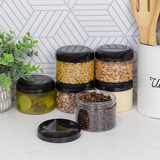 Cornucopia Brands 12 Ounce Clear Plastic Jars w/Black Plastic Lids (6-Pack); BPA Free PET Stackable Canisters for Bathroom & Kitchen Storage