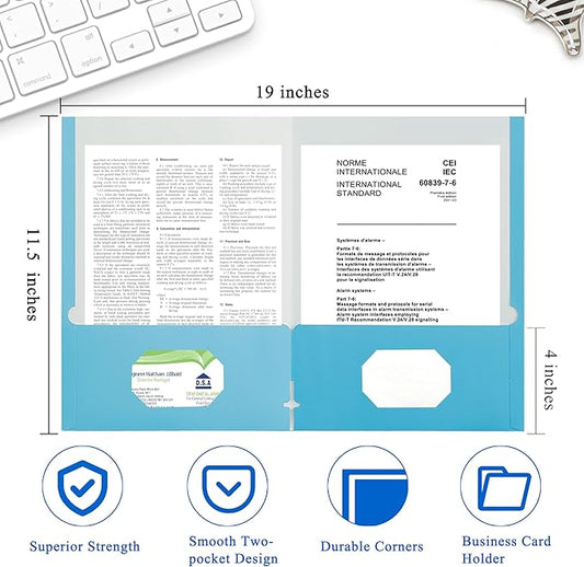 Zzrywuty File Folders with Pockets Letter Size, 50-Pack Paper Folders with Card Slot, Two Pocket Folders for School Students, Businessmen, Home and Office Workers(Light Blue)
