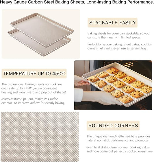 Baking Sheet Pan Set of 2, Cookie Sheets for Oven, Nonstick Half/Quarter/Jelly Roll Pans with Diamond Texture Pattern, 0.8mm Thick Heavy Duty Cookie Tray, Champagne Gold(17.5 * 11.8 * 1inch)