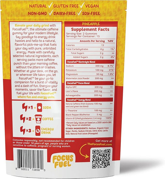 FocusFuel Energy Chews – Pineapple Flavor (15 Servings) – 100mg Caffeine + Alpha GPC + L-Theanine + B12, Magnesium – Tropical Energy Boost – No Crash or Jitters