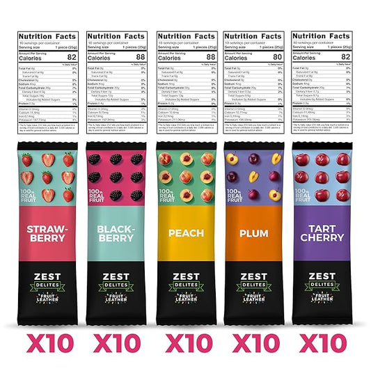 Fruit Snacks by Zest Delites, Fruit Leather Bars, Healthy Snacks for Adults & Kids, Vegan, Apple-Based, Strawberry, Peach, Blackberry, Plum, Tart Cherry, Bulk 0.88 oz x 50