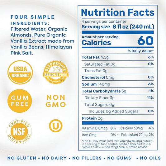 MALK Almond Milk Unsweetened Vanilla (32oz, Pack of 6) - Shelf Stable Organic Almond Milk Vanilla, Non GMO, Whole 30, Dairy Free, Vegan, Plant Based, No Gums or Fillers - Lattes Cereal Coffee Creamer
